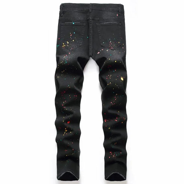 High Quality Men Casual Black Jeans Paint Slim Straight Hole Biker Jeans Autumn Jean Homme Male Denim Pants Plus Size