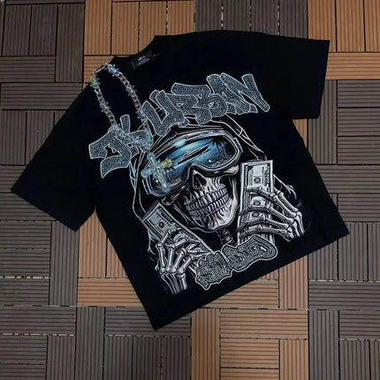 90s Comfortable Printed Fire Element Pure Cotton Series Short-Sleeves Black Minimalism American Street Casual Sports T-shirts