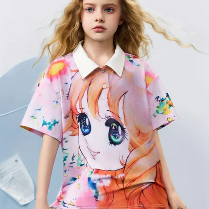Children's Short-sleeved Summer Girls' Contrasting Colors and Girls' Pattern Printed Short-sleeved Polo Shirt