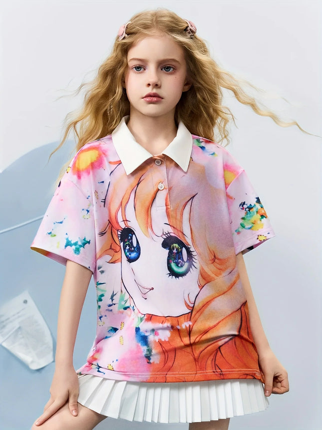 Children's Short-sleeved Summer Girls' Contrasting Colors and Girls' Pattern Printed Short-sleeved Polo Shirt