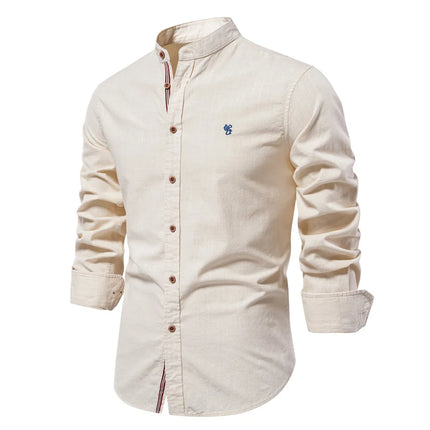 New Trendy Cotton-Linen Men's Business Shirt, Fashionable Solid Color Long-Sleeved Top.