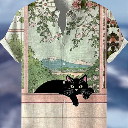 Men's blue and white color-blocked short-sleeved shirt with black cat print, collared casual outdoor vacation Hawaiian shirt.