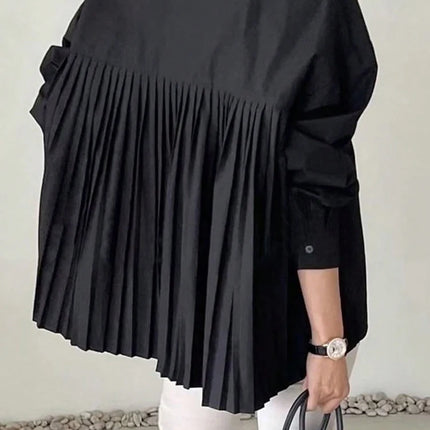 Plus Size 2025 Spring and Summer New Women's POLO Collar Pleated Casual Single Row Button Shirt Blouse Solid Color