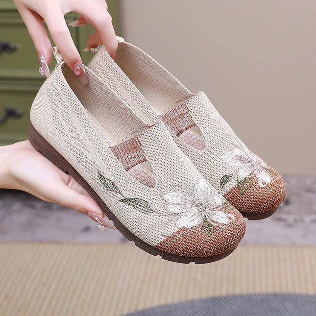 Women's Summer 2025 Breathable Soft-Soled Non-Slip Leisure Mesh Embroidered Flats