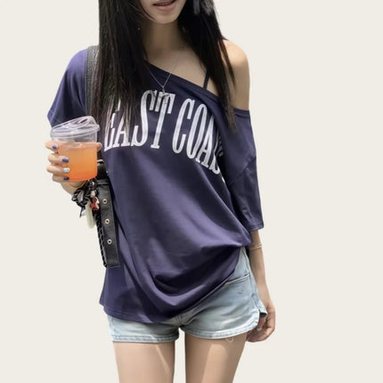Women's American-Style Short-Sleeved T-Shirt, Summer Design, Finterest Slimming, Loose, Retro Off-Shoulder Top