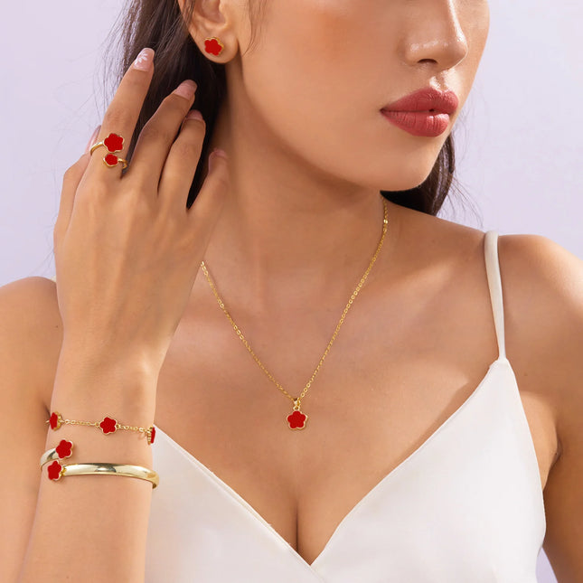 5pcs/set Lucky Five Leaf Flower Necklace Bracelet Earrings Ring Set for Women Colorful Enamel Plum Blossom Jewelry Party Gifts