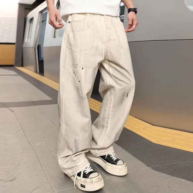 High Street Vibe Style Graffiti Off-White Jeans Men's Retro Loose Versatile Wide-Leg Floor-Length Trousers Trendy