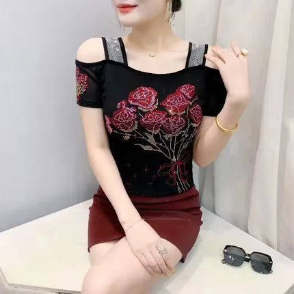 New Summer European Clothes Women's T-Shirts Luxury Butterfly Hot Diamonds Tees Sexy Streetwear Off-Shoulder Tops Shirt