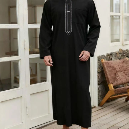 African Middle East Black Robe Men Round Neck Hooded Loose Casual Pullover Long Gown Ethnic Style Loungewear