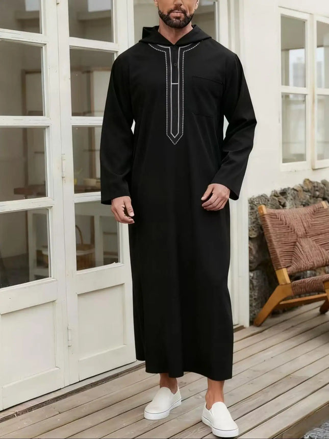 African Middle East Black Robe Men Round Neck Hooded Loose Casual Pullover Long Gown Ethnic Style Loungewear
