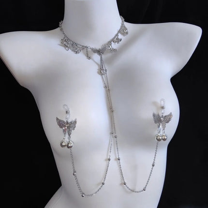New Nipple Clamps with Butterfly Bells and Collar Detachable Stimulating Nipple Clamp Chain for Couples' Teasing Adult Sex Toys