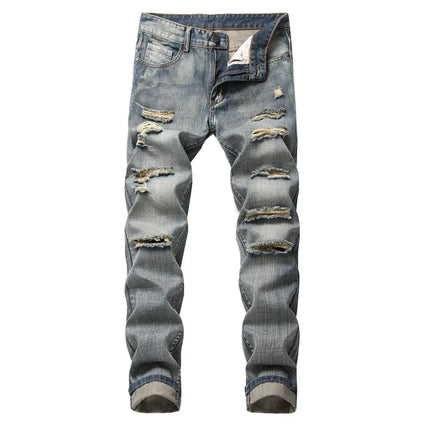 Punk Street Style Ripped Skinny Jeans Men Vintage Wash Solid Denim Trouser Mens Casual Slim Fit Pencil Denim Holes Pants 2024