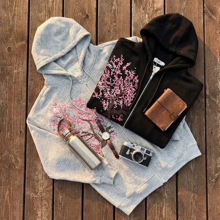 Personality Retro Trend Zipper Casual Hoodies Flower Tree Pattern Street Style Women Harajuku Goth Embroidery Y2k Relaxed Coat