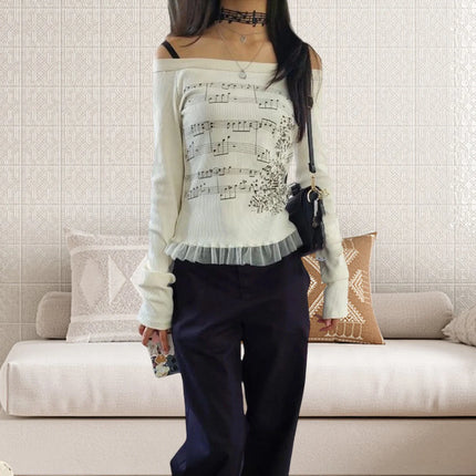 Y2K Aesthetic Fairy Off Shoulder Tops Women Long Sleeve Music Note Print Slim Fitted T-Shirt Ruffle Blouse Clothes