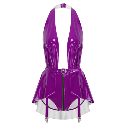 Womens Lingerie Latex Glossy Bodysuit Halter Zipper Crotch with Skit Hem And Garters Jumpsuit Raves Party Sexy Clubwear Costume