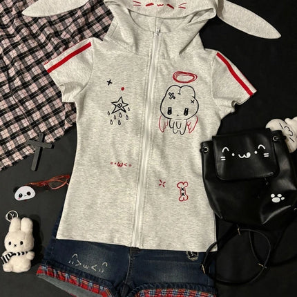 Japanese Cute Babes Slim Fit Cardigan Subculture Kawaii Ears Short Sleeve Hoodies Women Summer New Sweet Streetwear Grey Tops