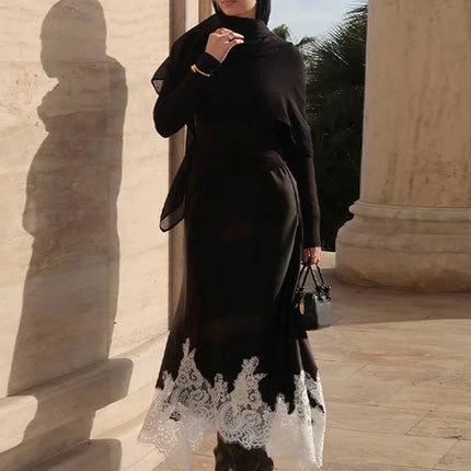 Elegant Lace Patchwork Shawl Top Skirt Set Women Lace Up Full Sleeve Shirt Loose Long Skirt 2026 Spring Fashion Lady Outfit