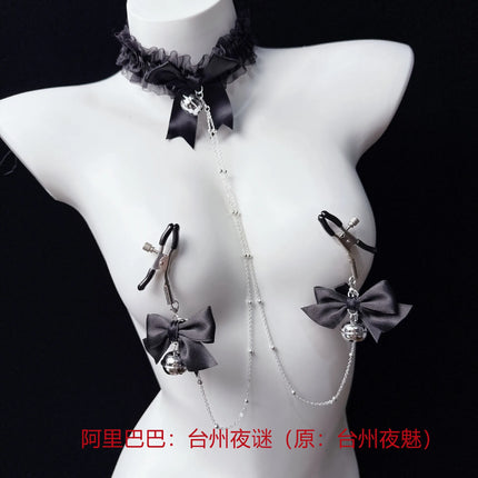Black Lace Nipple Clamps Bell-Adorned Bow Collar SM Set Leash Training Sexy Accessories for Women Fetish Adult Sex Toys 18+