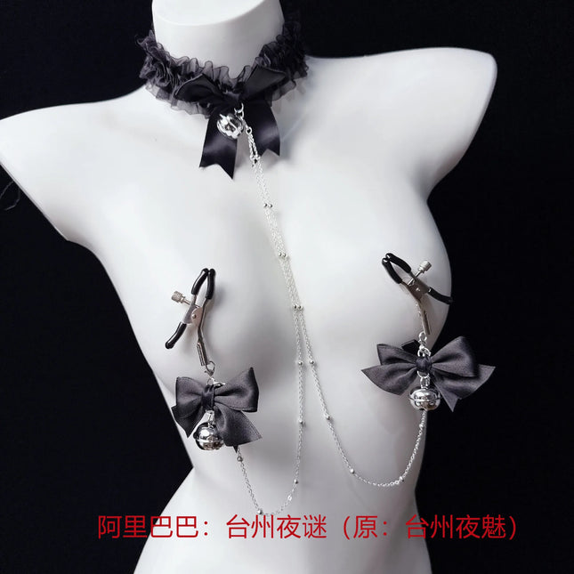 Black Lace Nipple Clamps Bell-Adorned Bow Collar SM Set Leash Training Sexy Accessories for Women Fetish Adult Sex Toys 18+