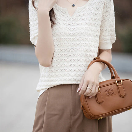 Women's T-shirt Summer New 100% Pure Cotton Tees Casual Solid Knitted Short sleeved V-neck Pullover Loose Tops Fashion Sweater