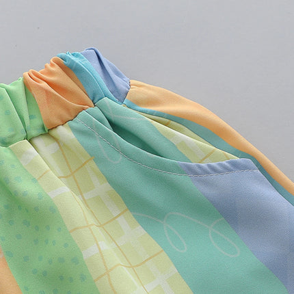 2PCS baby and toddler summer full print three color vertical stripe pattern stand up collar shirt short sleeved shorts set