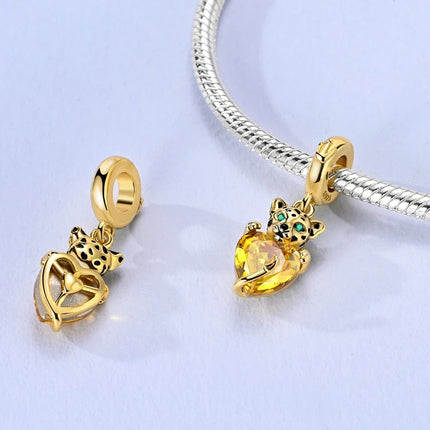 Gold Series DIY Charms Bead Original 925 Sterling Silver Inlaid Zirconium Sun Leopard Pendants Fit Bracelet Jewelry Gift Marking