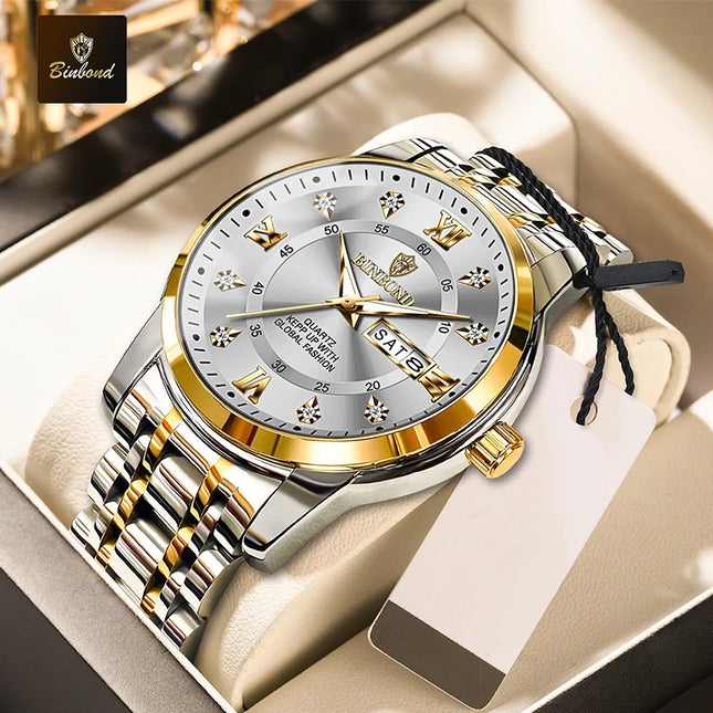 BINBOND Stainless Steel Quartz Wristwatch Top Brand Luxury Clock 3ATM Waterproof Business Men Watches Men Gifts Relojes