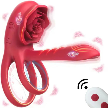 Remote Control Vibrating Cock Ring Penis Sleeve with Rose Clitoral Stimulator Penis Ring Vibrator Adult Sex Toys for Men Women