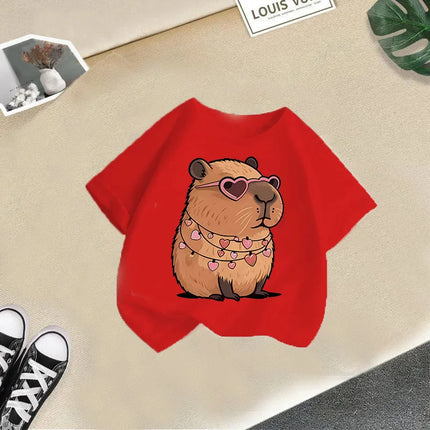 2025 Summer New Cute Animal Kapibala Fashion Printed Children's T-shirt Short Sleeve Fashion Pure Cotton Children's Clothing
