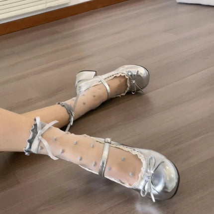 Silvery Women Mary Jane Shoes Elegant Patent Leather Wedding Party Thick Heel Shoes Spring Autumn Concise Zapatos De Mujer
