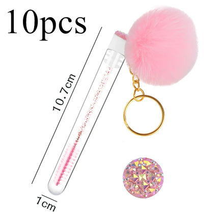 5pcs Gold Keychain Tube Eyelash Brush Eyebrow Comb Microbrush Lash Extension Micro Brushes Makeup Tool Fluffy Fur Ball Decorate