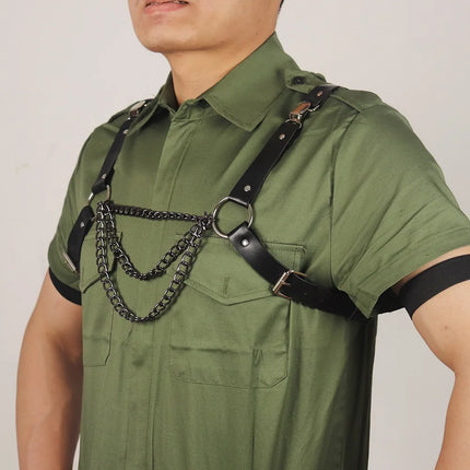 Punk Fashion Harness Men PU Leather Fetish Adjustable Caged Metal Body Chain Gay Clothing Suspenders Rave Belt Gothic Style