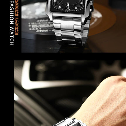 BINBOND Luxury Quartz Watch for Men Golden Square Large Dial 30M Waterproof Leather Strap Wrist Watches Date Display Men's Watch