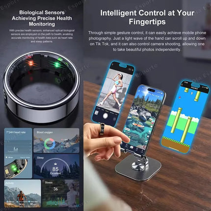 For Smart Ring Hd Screen Tiktok Control 5ATM Waterproof for  Smartring for Women Men Rings Heart Rate Monitor Newest Version R13