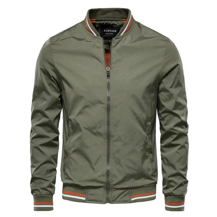 New spring-autumn men's jacket - casual and lightweight windproof coat with zipper closure, striped ribbed collar and cuffs.