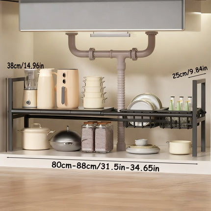 Under-Sink Kitchen Storage Rack/Shelf, Extendable, Single/Double Layer Storage Solution, Made of Steel, Perfect for Kitchen Use, Ideal for Laundry Rooms, under the Sink, Maximizes Space, Easily Stores Various Bottles and Spic