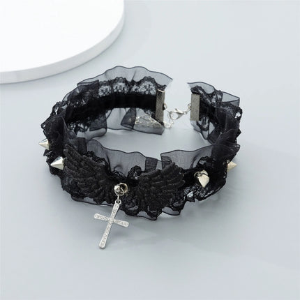 Fashion Solid Color Women Girls Necklace Wide Lace Rivets Lolita Lace Choker Y2K Angel Wings Cool Leather Necklace Daily Wear