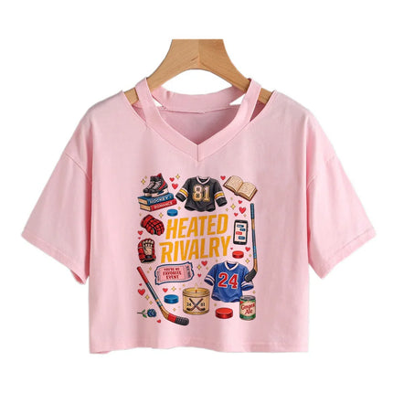 Hot Heated Rivalry Print Cropped T Shirt Women Sexy Graphic CropTops Gothic Vintage T-Shirt Fashion Y2k Streetwear Clothing