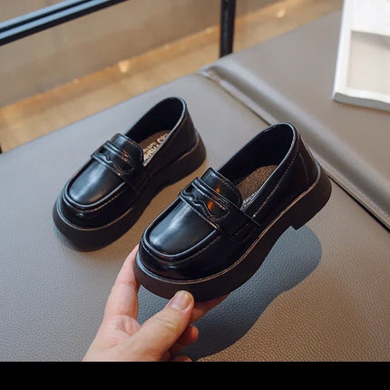 Girls Leather Shoes for Party Wedding Slip-on Simple Solid Black Kids UK Uniform School Shoes Children Loafers 2023 Four Season