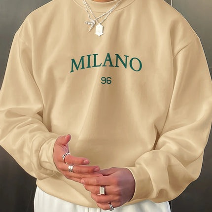 Men's autumn and winter fashionable casual loose MILANO 96 print fleece pullover long sleeved round neck sweatshirt