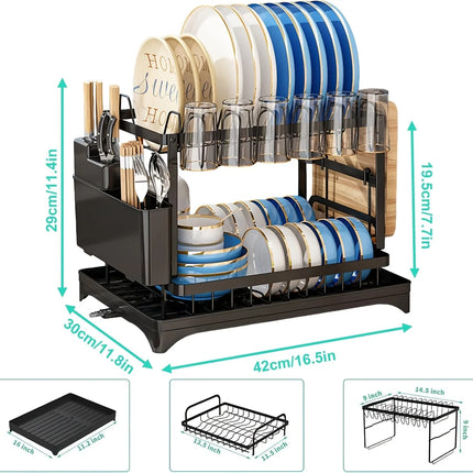 2-Tier Carbon Steel Dish Drying Rack with Drainboard, Large Capacity Kitchen Counter Organizer for Cups, Bowls & Bottles