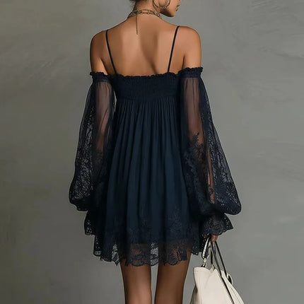 Boho Spring Off Shoulder Hollow Lace Dress Woman Elegant Puff Sleeve Ruffle Party Dresses Summer A-line Casual Holiday Mini Robe