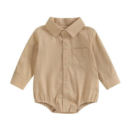 Pudcoco Infant Baby Boy Gentleman Romper Solid Color Long-Sleeved Lapel Front Button Jumpsuit with Pocket Toddler Clothes 0-24M