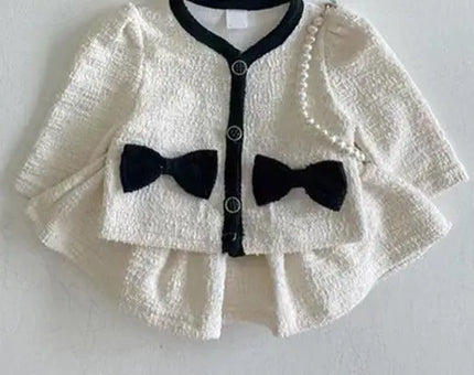 Autumn Fashion Girl Children Bow Long Sleeves Shirt Set Baby Sweet Cotton Tops + Solid Skirt 2pcs Kid Infant Casual Blouses Suit