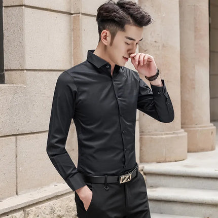 Slim Fit Long Sleeve Silk Men's Shirt Hong Kong Style Workwear Iron-Free Professional Shirt Youth Fashion Spring
