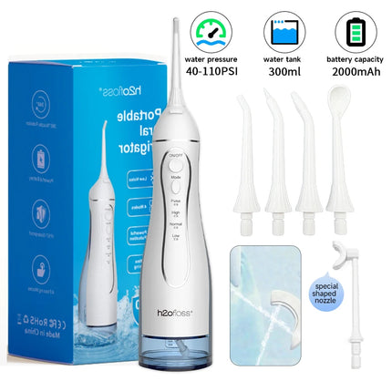 H2ofloss Water Flosser 300ml Oral Irrigator 140PSI with Gravity Ball Design 5 Modes 5 Tips USB Rechargeable for Teeth Cleaning