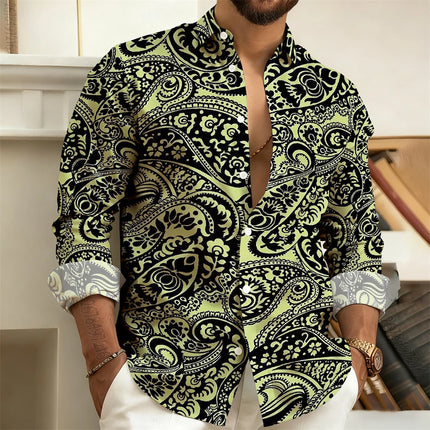 2026 New Men's Long-Sleeved Shirt with Paisley Cashew Pattern Print, Vintage, Comfortable, and Stylish Casual Men's Lapel Top