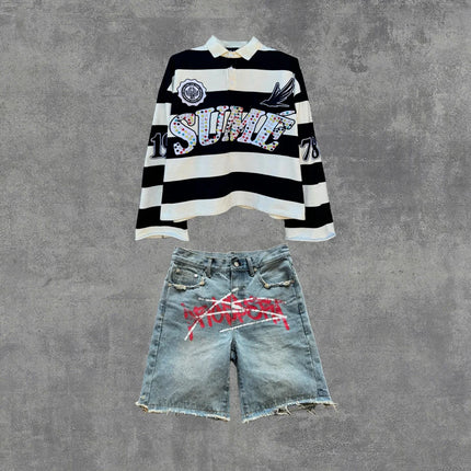 2 Pcs Shirts Co-ords Sume Rugby Diamond Embroidery Stripe Polo Shirt Y2K Retro Classic Unisex Oversized Long Sleeved Shirts Sets