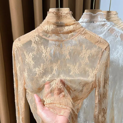 Sexy Black Hollow Out Mesh T-Shirt Transparent Mesh Female Tops Long Sleeve Basic Shirts SeeThrough Turtleneck Women Tshirts