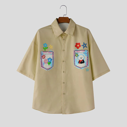 INCERUN Men's Shirt Printing Lapel Short Sleeve Loose Summer Menswear Clothing Streetwear 2026 Korean Style Casual Tops Shirts
